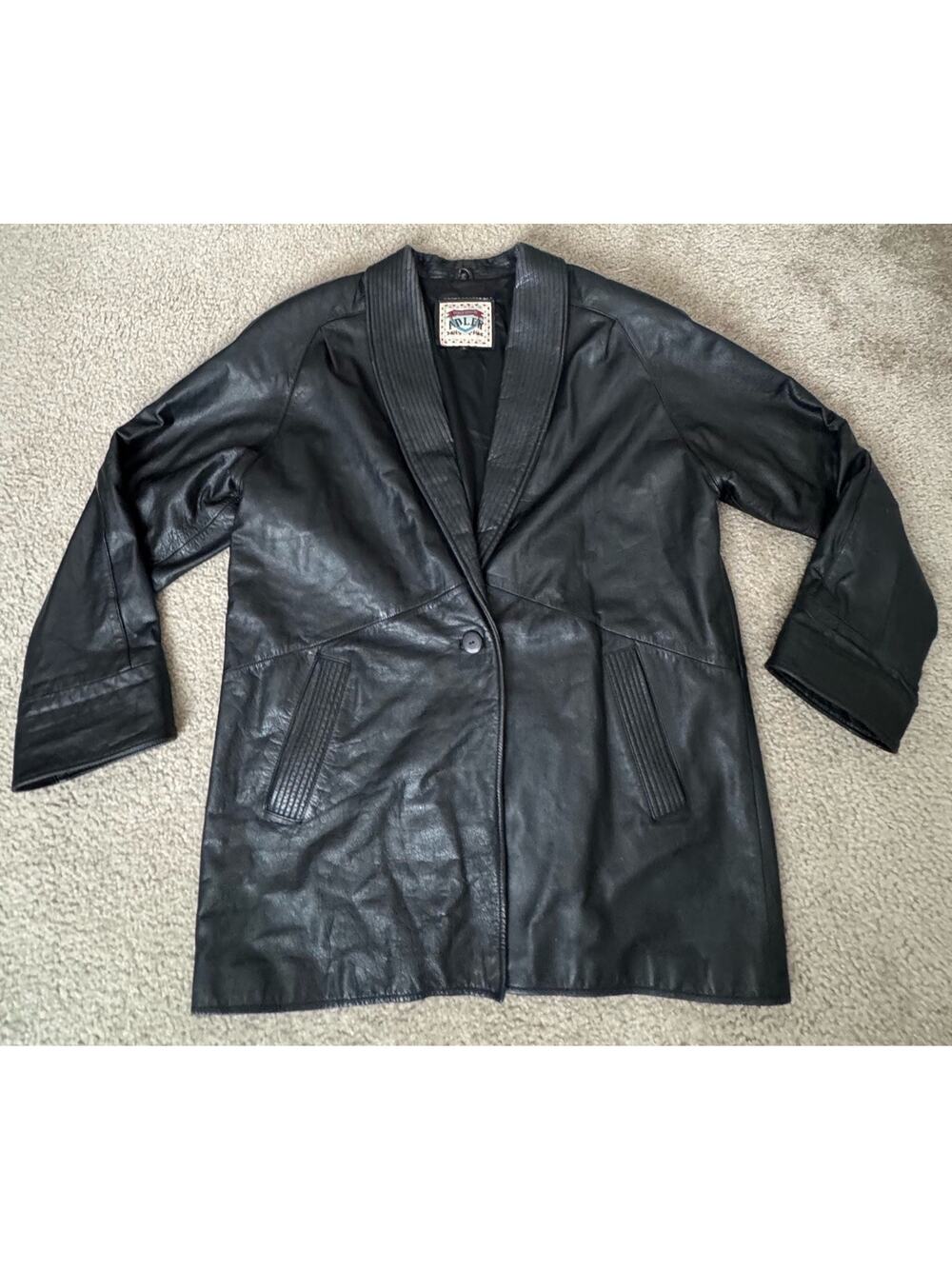 ADLR Black Leather Coat Jacket Women’s Large Vintage Oversized Longline Coat